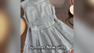 Summer New Girls Denim Dress Belt Decoration Lapel Collar Sleeveless Tutu Princess Dress For 3-10 Years Kids Fashion Dress