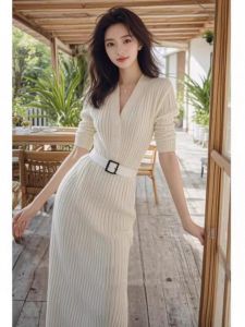 Elegant Knitted Dress Womens High Waist Slim Fit Long Skirt V-Neck A-Line Autumn New Style Inner Wear White Belted Slimming