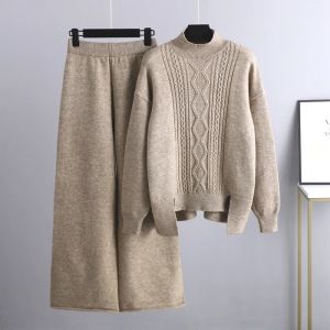 Autumn Winter Women High Neck Knit Pant Sets Female Elegant Loose Sweater 2-piece Set Casual Loose Pullover Womens Clothing