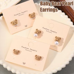 Brown Flocked Bear Pearl Stud Earrings For Women 925 Silver Needle Cute Cartoon Sweet Exquisite Furry Winter Earrings