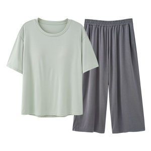 miiow | Ice Silk Womens Summer Sleepwear Short Sleeve Seven-Piece Pants Home Clothes Outdoor Wearable Comfortable Breathable Cooling