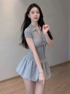 Karrar betsey | French Style Light Miu Dotted Gray A-Line Waist-Cinching Short Dress
