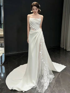 Elegant Satin Wedding Dress Mermaid Gown with Strapless Neckline Floor Length out Door Bride Morning Robe French Style Tailor