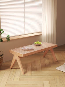 MU FENG ZHI NAN | Vintage Wooden Wicker Long Bench Stool for Shoe Changing