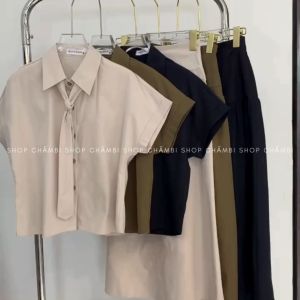 Set đồ nữ đi chơi S.205 Set áo sơ mi tay ngắn tặng cà vạt kèm chân váy dài chất kaki hai da - Shop Chấm Bi