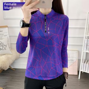 Womens Ice Silk Quick Dry T-Shirt Breathable Mesh Fabric Outdoor Long Sleeve Polo Neck Climbing Hiking Camping Traveling Clothing