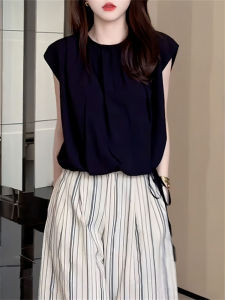 Summer Chiffon Shirt Womens Loose Drawstring Short Sleeve Solid Color Versatile Casual Ageless Personality Button up Top