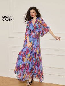 Spring Summer New Style Foggy Purple Rose Printed Flared Half Skirt Set