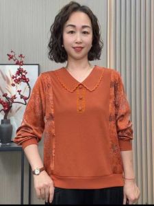 New Style Long Sleeve Autumn Fashionable Mommy Clothes for Middle-Aged And Elderly Casual Loose Polyester Fiber Polo Neck T-Shirt