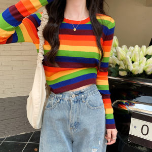 Rainbow Stripes Shoulder Long Sleeves Knitting T-shirt Female Fall and Winter New Arrival Niche Style Chic Silm Slim Looking Bottoming Shirt Tops