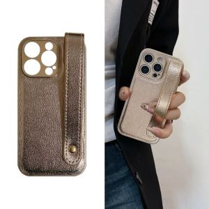 Luxury Wrist Strap Bracket Leather Phone Case For iPhone 16 15 14 Plus 12 13 Mini 11 Pro Max XS XR SE Lens Protection Soft Cover