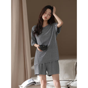 ชุดนอนผ้าโมดอลสองชิ้นสำหรับคู่รัก แขนสั้น ลำลอง ฤดูร้อน ชุดนอนผ้าฝ้ายผสมสำหรับใส่อยู่บ้าน ผ้าฝ้ายผสม ลายทาง คอกลม