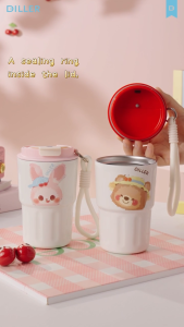 DILLER 340ml Insulated Coffee Cup 304 Stainless Steel Travel Mug Portable Cold Cup with Strap Cute Bunny Bear Design