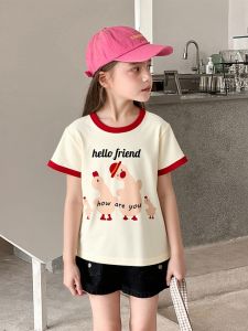 Korean Style Kids T-Shirt Pure Cotton Short Sleeve Sportswear for Girls New Summer Collection Baby Clothes Moisture Wicking round Neck