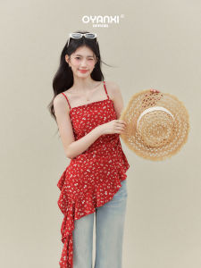 OUYANGXI | Áo Thun Hè Ôm Dáng Hoa Đỏ Dải Xếp Ly Không Đều