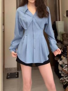 plus Size Womens Shirt Long Sleeve Slimming Waist Design Korean Style Commute Fashion Fold Collar Pleated A-Line Top
