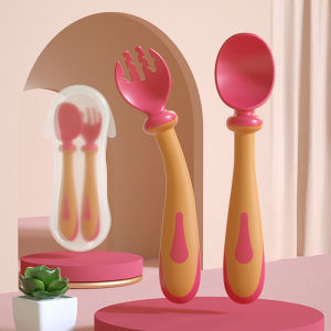 Portable Silicone Spoon Fork Set for Babies Toddler Feeding Utensils Curved Design Deepened Texture Easy Grip Long Handle