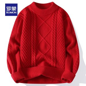 ROMON | Romon Mens Knitted Sweater Round Neck Big Red Dragon Year Pattern Winter Fashion Casual Loose Fit Knitwear For New Year Celebration