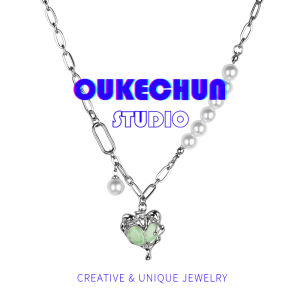 OUKECHUN Chinese Style Green Heart Necklace Womens Luxury Pearl Pendant High-End Sensation Spicy Girl Clavicle Chain