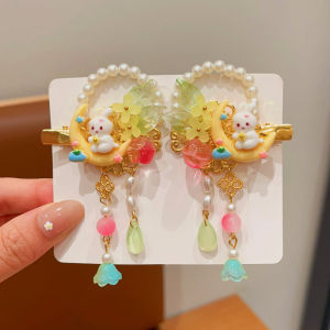 Girls Traditional Chinese Moon Rabbit Flower Hair Accessories Childrens Hanfu Hairpins Step-by-Step Shake Hair Clips