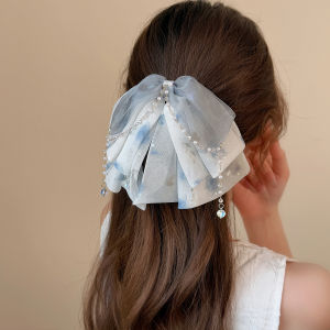 Romantic Rose Print Tulle Butterfly Knot Hair Clip French Crystal Pearl Hair Clip Fashionable Hair Grips Elegant Hair Accessories