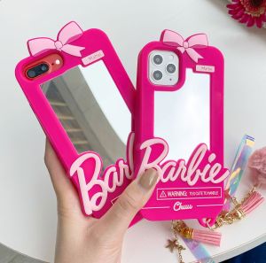 【Hot】Bow Barbie Mirror Liquid Silicone Phone Case with Pendant For iPhone 6 7 8 X XS XR 11 12 13 14 15 16 Series