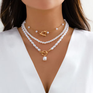 Ingemark | Nữ Nhiều Lớp Giả Ngọc Trai OT Khóa Mặt Dây Chuyền Vòng Cổ Cô Dâu Goth Chuỗi Hạt Y2K Thời Trang Phụ Kiện Trang Sức