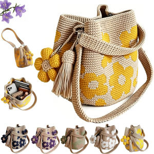 Handmade Crochet Flower Tote Knit Floral Purse Bag Boho Woven Beach Handbags Crossbody Shoulder Bag for Women Vacation
