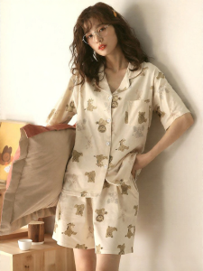 me home wear | Bộ Đồ Ngủ Mùa Hè Bông Cotton Trơn Hình Cartoon Dễ Thương