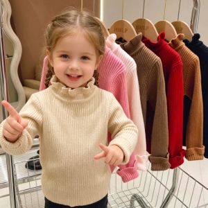 Kids Girls Ruffle Sweaters New Children Thin Knitted Tops Autumn Winter Cotton Pullovers Pink Turtleneck Tops Korean Style Warm
