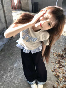 Áo Thun Tay Ngắn Kẻ Caro Phong Cách Hàn Quốc Cho Nữ Mùa Hè Thiết Kế Ngọt Ngào Cay Nồng Giả Hai Mảnh Viền Hoa Thắt Nút Bướm