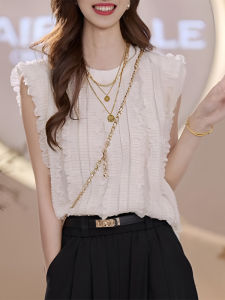 Shalldoer | French Fashion Design Lace Splicing Sleeveless Shirt Womens Loose Thin Breathable Top Casual Style Round Neck Short Sleeve