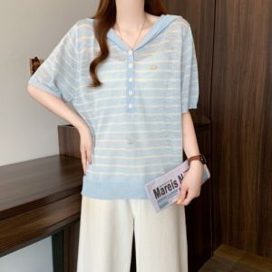 AIYITI | Hooded Striped Slim Fit Ice Silk Knit T-Shirt