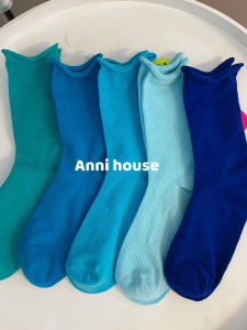 ถุงเท้าผู้หญิงสีน้ำเงิน ผ้าฝ้ายแท้ ครึ่งแข้ง ถุงเท้ารำวงแบบมินิมอลสำหรับฤดูร้อน ฤดูใบไม้ผลิ ฤดูใบไม้ร่วง สไตล์โมเดิร์น สองคู่