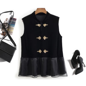 Elegant Velvet Vest Womens Collared Patchwork Design Beaded Single Button Closure Solid Color Commute Style Chinese New Style