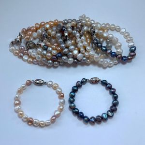 8-9มม. สร้อยข้อมือไข่มุกน้ำจืดบาโรกสีขาวธรรมชาติตะขอเสียบแท่งรูปทรงแปลกๆเครื่องประดับหัวเข็มขัดถั่ว