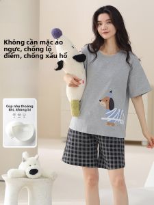 MiiOW | Bộ đồ ngủ cotton nguyên chất MiiOW dành cho nữ mùa hè mỏng tay ngắn quần short giản dị thoải mái mặc ở nhà có đệm ngực