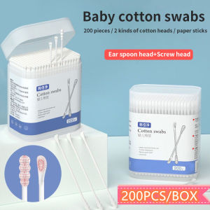 200pcs Baby Ear Cleaning Cotton Swab Disposable Baby Cotton Swabs Two-headed Paper Shaft Cotton Swabs Boxed 200pcs Ear Nose Cleaning Sticks Baby Ear Spoon