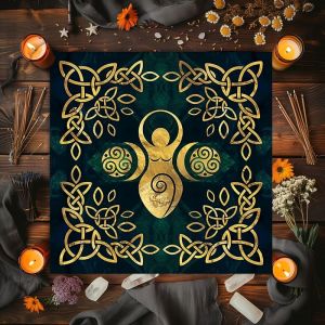 VIKAMA Màu Xanh Đậm Celtic Nữ Thần Trái Đất Tarot Khăn Trải Bàn Huyền Bí Bói Toán Bàn Thờ Vải Chống Thấm Nước Có Thể Giặt Bằng Máy Để Trang Trí Tâm Linh