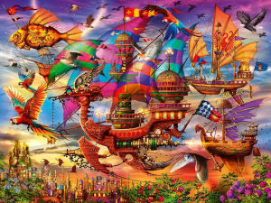 Dreamy Airship Fleet Jigsaw Puzzle 1000Pieces Steampunk Style Art Puzzle Modern Home Decor Relaxing Hobby for Adults Teens
