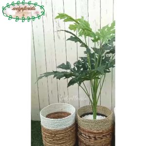 Pohon Artificial Papaya Leaf X12 Semi Latex Pot Dasar Hitam Cover Seagrass Hiasan Sudut Ruang Aesthetic