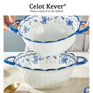 Underglaze Color Double Ear Thickened Heat-Insulated Blue and White Ceramic Soup Bowl