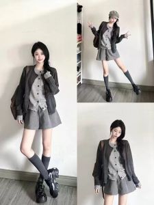 Gray Fake Two-Piece Knitting Cardigan Sweater Outwear Women Autumn Crew Neck Silm Easiest for Match Stylish Patchwork Top Women