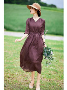 Slimming Loose V-Neck Belly Covering Cotton Linen Dress