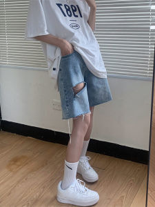 สูง เอว พรางหุ่น สั้น กางเกงยีนส์ สําหรับผู้หญิง ฤดูร้อน บาง ผ้าฝ้าย โพลีเอสเตอร์ ผสมขากว้างห้าจุด กางเกง ลำลอง อินเทรนด์ สไตล์