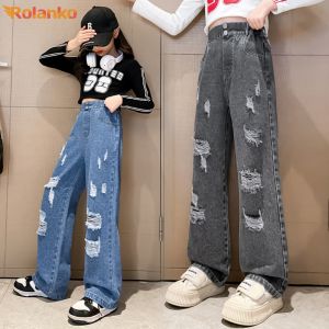 Rolanko Kids Girls Denim Ripped Jeans Straight Wide-Leg Pants Baggy Elastic Waist Trousers Daily Casual Wear