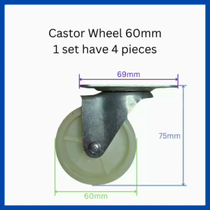 Ready stock in SG. 60mm White Universal Swivel Casters Wheels. 1 set come with 4 pieces. High Quality. Overall Height: 75mm