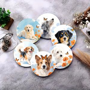 6pcs 2D Puppy Pattern Wooden Flat Coasters Set Round Design Terrace Dining Table Dog House Dog Lovers Artwork Elegant Gift