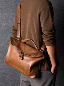 Gikan British Retro Messenger Bag Simple Plant Tanned Leather Large Capacity Genuine Leather Crossbody Bag for Commuting Men