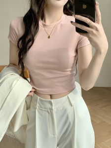 Gexuan Womens Short Sleeve T-Shirt Pure Cotton Slim Fit Summer New Style Hot Girl Short Tight Top Korean Version round Neck